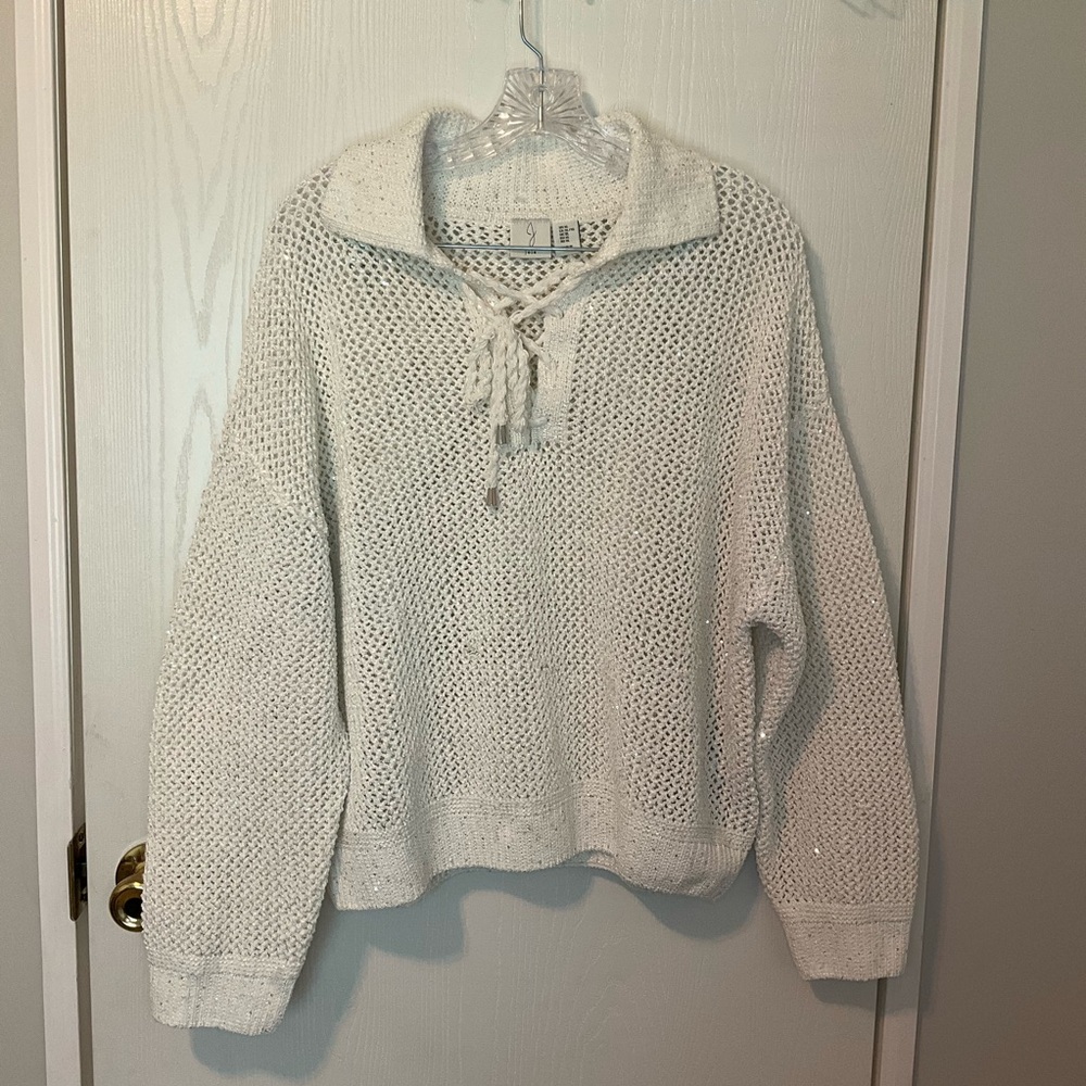 Joie White Knit Sweater with Lace-Up Neck